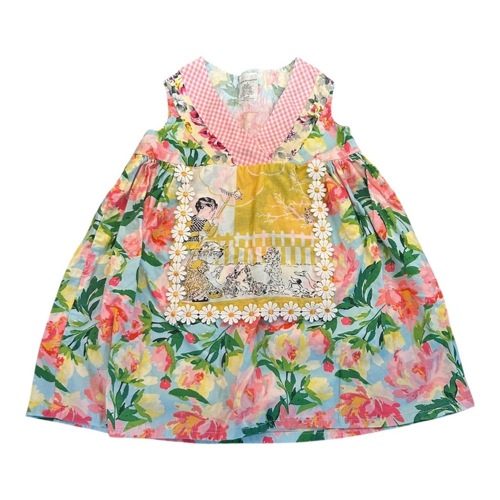 Freckled Chicken Girls Toddler Floral Boho Daisy‎ Trim Vintage Appliqué Dress